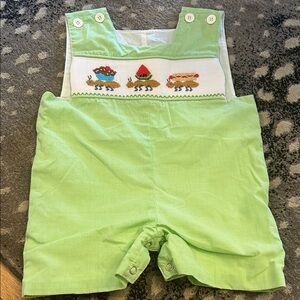 Green Microcheck Kids Shortall Jon Jon with smocked ant picnic design